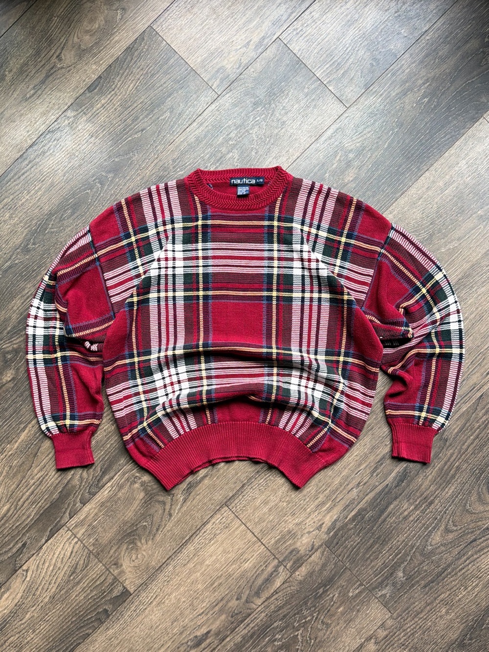 Nautica Men's Large Plaid Crewneck Sweater Red 100% Cotton Hong Kong Vintage 90s